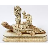 CHINESE CARVED BONE SCULPTURE H 16.5", L 20.5",  TWO MEN RIDING A TURTLE: The Chinese carved  bone,