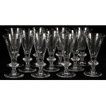 STEUBEN 'TRUMPET' GLASS WATER GOBLETS, ELEVEN, H  7 1/4": A set of 11 water goblets by Steuben,