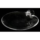 STEUBEN GLASS SCROLL DISH, L 8": Scroll handle.