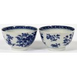 CHINESE EXPORT BLUE/WHITE PORCELAIN TEA BOWLS,  PAIR: Featuring flower and leaf designs.