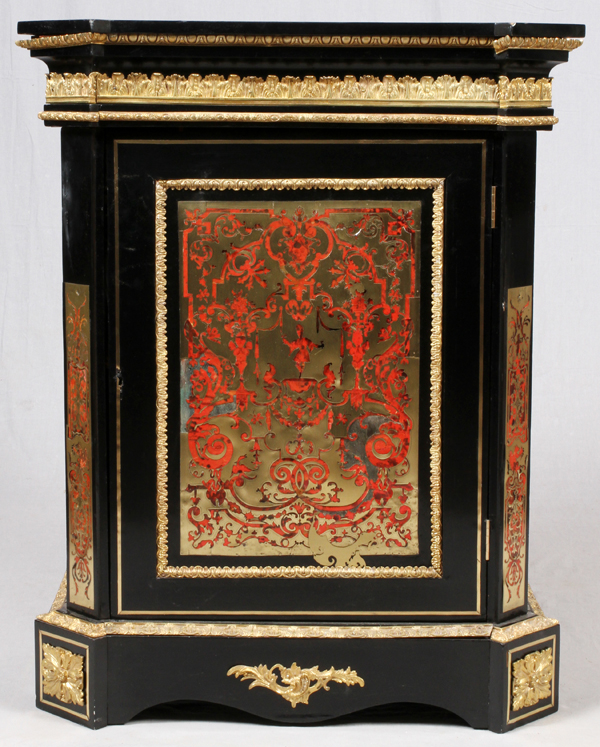 FRENCH BOULLE & BRONZE ORMOLU MOUNTED CABINET,  19TH C., H 44", W 34", D 17": A black lacquer  and