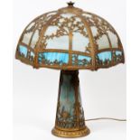AMERICAN BENT GLASS AND METAL TWO-LIGHT LAMP, H  25", DIA 21": A two-light bent glass and gilt