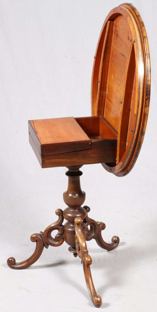 VICTORIAN MARQUETRY INLAID TILT-TOP TABLE/DESK,  C. 1850, H 27 1/2", W 29", MADEIRA: A round  tilt - Image 6 of 6