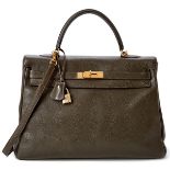 HERMES VERT BRONZE LEATHER KELLY BAG, 35CM, W  14": A Vert Bronze leather bag with gold tone