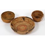 NATIVE AMERICAN INDIAN WOVEN BASKETS, THREE, DIA  5 1/2"-10": Round shape, one of which has a