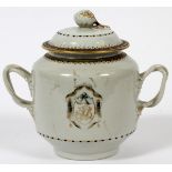 CHINESE EXPORT PORCELAIN ARMORIAL SUGAR BOWL,  18TH C., H 6'' L 6 1/4'': Footed form sugar  bowl