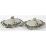 CHINESE EXPORT PORCELAIN ARMORIAL COVERED  PLATTERS, 18TH C., PAIR, L 12'': A pair of  canted