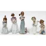 LLADRO PORCELAIN FIGURES OF CHILDREN, FIVE, H 5  1/2"-8": Including "A Child's Prayer", #6496;  "