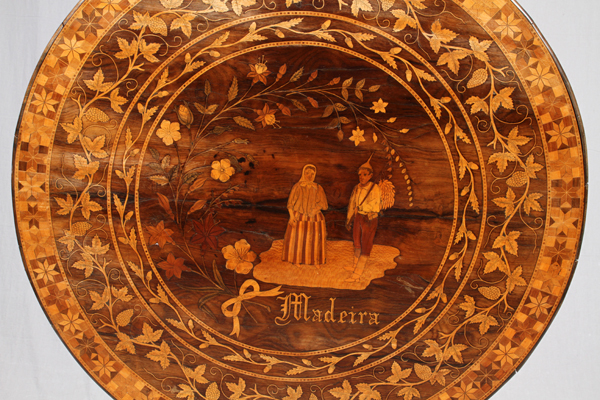 VICTORIAN MARQUETRY INLAID TILT-TOP TABLE/DESK,  C. 1850, H 27 1/2", W 29", MADEIRA: A round  tilt - Image 4 of 6