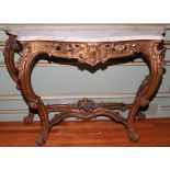LOUIS XV STYLE GILT WOOD CONSOLE, MARBLE TOP,  19TH C., H 34", W 50", D 17": Serpentine top  above