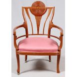 ART NOUVEAU CARVED SATINWOOD CHAIR, C. 1900, H  30" W 25 1/2": A satinwood open arm chair, with