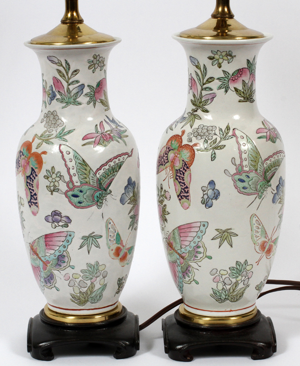 CHINESE ENAMELED PORCELAIN VASES MOUNTED AS  LAMPS, PAIR, H 23'': A pair of baluster form