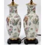 CHINESE ENAMELED PORCELAIN VASES MOUNTED AS  LAMPS, PAIR, H 23'': A pair of baluster form