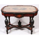 AESTHETIC MOVEMENT CARVED WALNUT & MARQUETRY  INLAY PARLOR TABLE, H 32", W 30", L 45": Circa  1880.