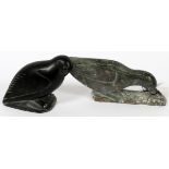 ESKIMO CARVINGS BIRDS, 2 PCS, H 4" - 5", L 6" -  10": one carved bird in dark stone and other in