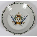 FRENCH FAIENCE STYLE POTTERY PLATE, DIA 9":  Featuring a coat of arms.
