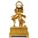 FRENCH REGENCY DORE BRONZE FIGURAL MANTEL CLOCK,  C. 1810, H 24 1/2", W 13", D 5 1/2": Or  Régence,