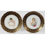 SEVRES STYLE PORCELAIN CABINET PLATES, TWO:  Each decorated with a portrait at the well.  Stamped "