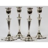 ENGLISH STERLING CANDLESTICKS BY CHARLES SOLOMON  FARBEY, LONDON, MID 20TH C., FOUR, H 12":  Having