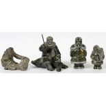 ESKIMO CARVED SOAPSTONE, 4 PCS, H 3 1/2" - 5':  depicting two female figures, and two male  hunters