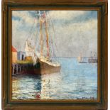 GEORGE HOWELL GAY, OIL ON CANVAS, GLOUCESTER,  NEW ENGLAND HARBOR, H 23", W 22": Signed lower