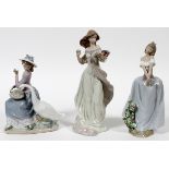 LLADRO PORCELAIN FIGURES OF LADIES, THREE, H  10"-11": Including "Autumn Romance", #6576,  "Lady in