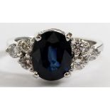 3.02CT NATURAL SAPPHIRE & DIAMOND RING, SIZE  5.25: A 14kt white gold lady's ring, featuring  a 3.