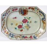 CHINESE EXPORT PORCELAIN ARMORIAL PLATTER, 18TH  C., W 9'' L 13": Rectangular platter with  canted