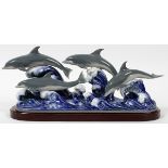 LLADRO PORCELAIN FIGURE GROUP, 'THE DOLPHINS',  #6436, H 8", W 22", WITH WOOD BASE: Four  dolphins