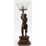 FRENCH COPPER-PLATED FIGURAL NEWEL POST LAMP, C.  1900, H 21 1/4", W 6": Depicting a standing