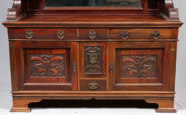 ARTS & CRAFTS STYLE MAHOGANY BUFFET, EARLY 20TH  C., H 84" W 72" D 25": A mirrored back buffet, - Image 3 of 5