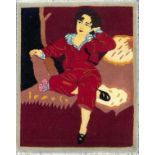 TABRIZ PERSIAN PICTORIAL RUG, 2' 8" X 1' 10":  Depicting a seated boy dressed in red.