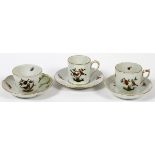 HEREND 'ROTHSCHILD' PORCELAIN CUPS & SAUCERS, C.  1930, THREE SETS: Including three cups with