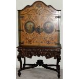 AMERICAN CARVED WALNUT HAND PAINTED CABINET, C.  1950, H 72" W 38", D 22":