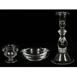 STEUBEN GLASS TABLEWARE, THREE, H 1 3/4"-8 3/4":  Including one teardrop single candlestick, H. 8