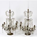 FRENCH CRYSTAL & BRONZE SIX-LIGHT GIRANDOLES,  19TH C., PAIR, H 32", W 15": A pair of French  gilt