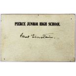 ALBERT EINSTEIN AUTOGRAPHED PIERCE JUNIOR HIGH  SCHOOL CARD [OHIO?], H 2", W 3": small  signature