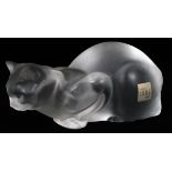 LALIQUE FROSTED GLASS FIGURE, 'CHAT COUCHE', H  4", L 11": Depicting a crouching cat.  Measuring H.