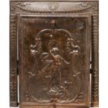 ART NOUVEAU STYLE CAST IRON FIREPLACE BACK, H  30", W 24",: Relief decorated with central  figure