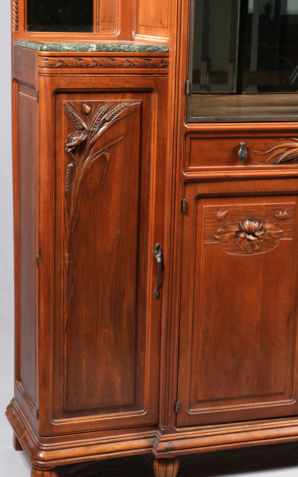 ATTRIB. TO MAJORELLE, ART NOUVEAU WALNUT  CABINET, C. 1900, H 73" W 78" D 16": Attributed  to Louis - Image 3 of 5