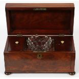 ENGLISH MAHOGANY TEA CADDY, 19TH C., H 5", W  12": Raised on knob feet, with a hinged lid  opening