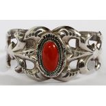 NAVAJO CUFF BRACELET, OVAL DEEP RED CORAL STONE:  Sterling.