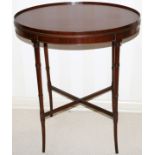 HEPPLEWHITE STYLE MAHOGANY OVAL GALLERY TABLE, H  26", W 23", D 16": Having bamboo style legs