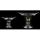 STEUBEN GLASS TRUMPET VASES, TWO: The trumpet  vases are H 4.5", Dia 6.75" and H 6.75", Dia 9".
