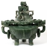 CHINESE CARVED GREEN MARBLE COVERED URN, H 18",  L 20", D 12": Dragon side handles; loose rings;