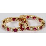 1.23CT NATURAL RUBY & DIAMOND HOOP EARRINGS,  PAIR, DIA 3/4": A pair of 14kt yellow gold  lady's