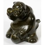 CERAMIC ESKIMO GREEN FIGURE: having an olive  green swirl design, of an Eskimo figure,  incised: '