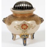 JAPANESE SATSUMA KORO WITH PIERCED SILVER TOP, H  4", W 4", D 3 1/4": Cream crackle ground with