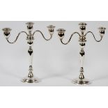 WALLACE STERLING THREE-LIGHT CANDELABRA, PAIR, H  15 1/2", W 17": Weighted and marked "Wallace