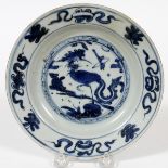 CHINESE BLUE & WHITE PORCELAIN PLATE, C. 1750,  DIA 7 1/2": Round form plate, decorated with a